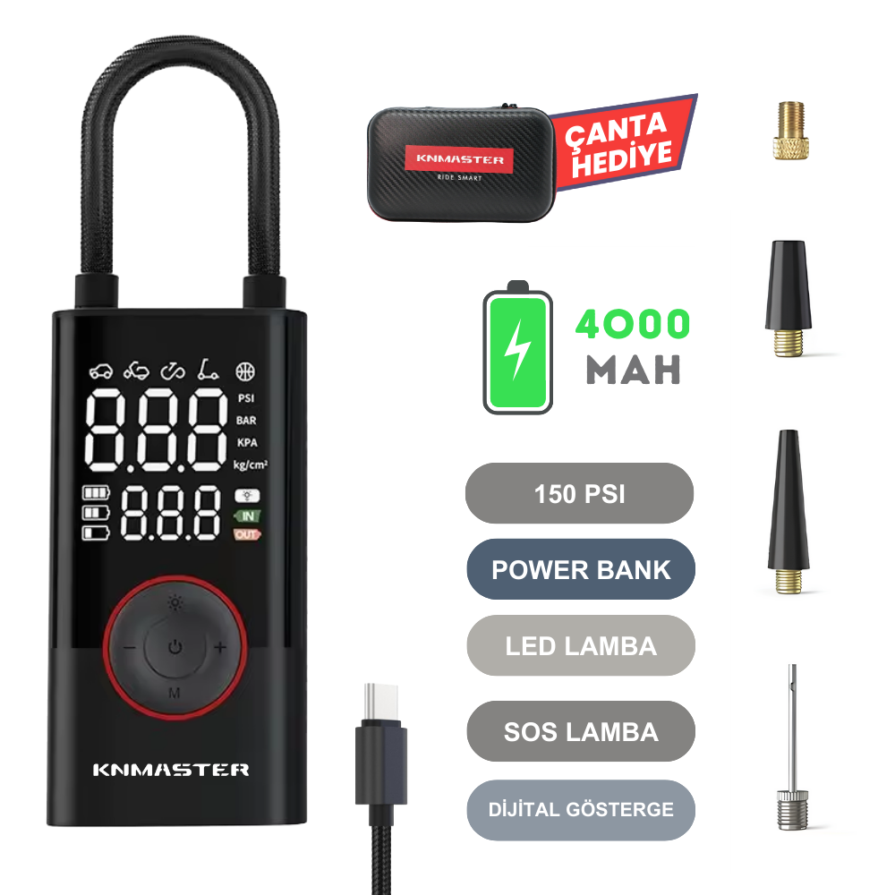 Knmaster LP 200 – 150 PSI Dijital Göstergeli Şarjlı Hava Pompası