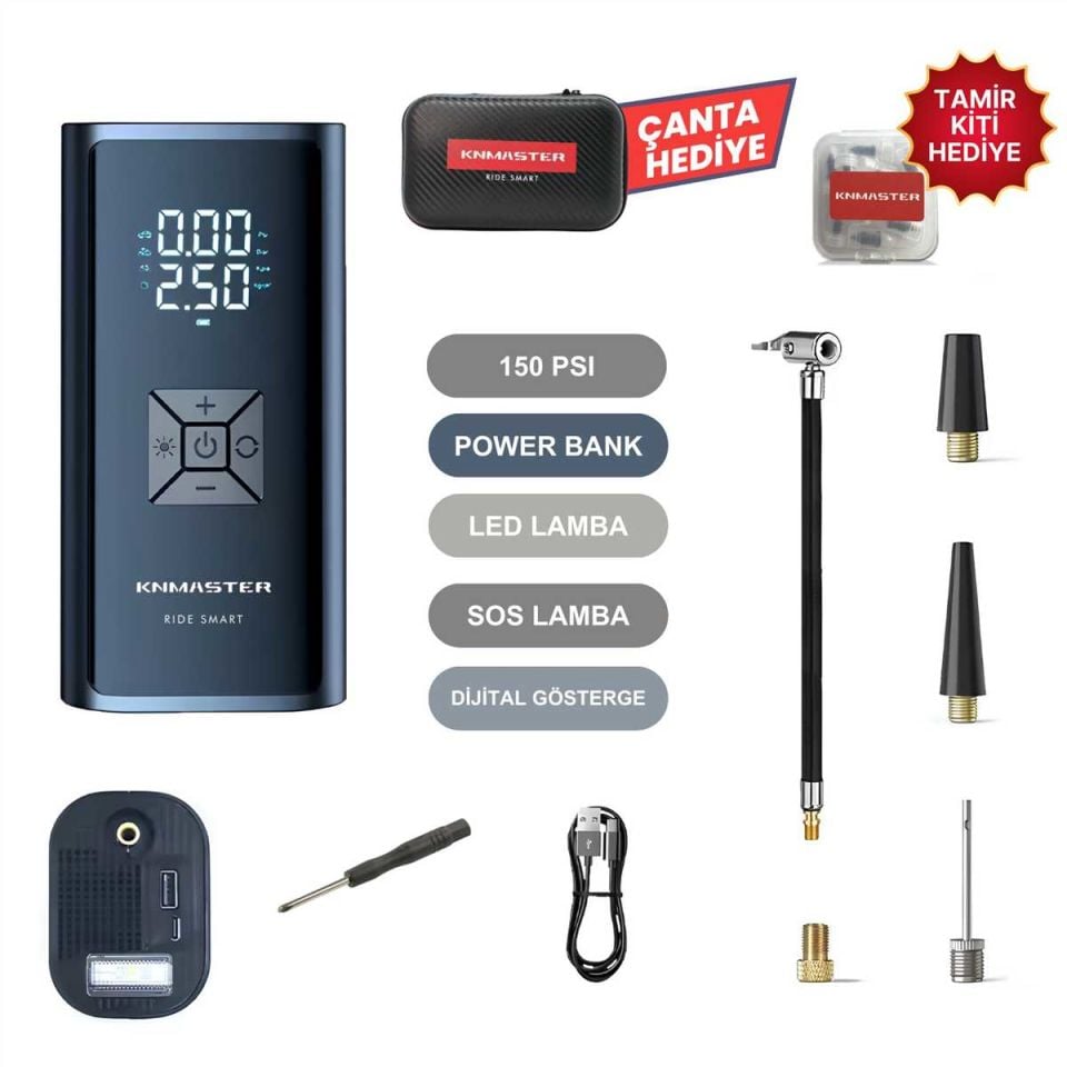 Knmaster LP100 Dijital Göstergeli Şarjlı Akıllı Lastik Şişirme Pompası - Powerbank