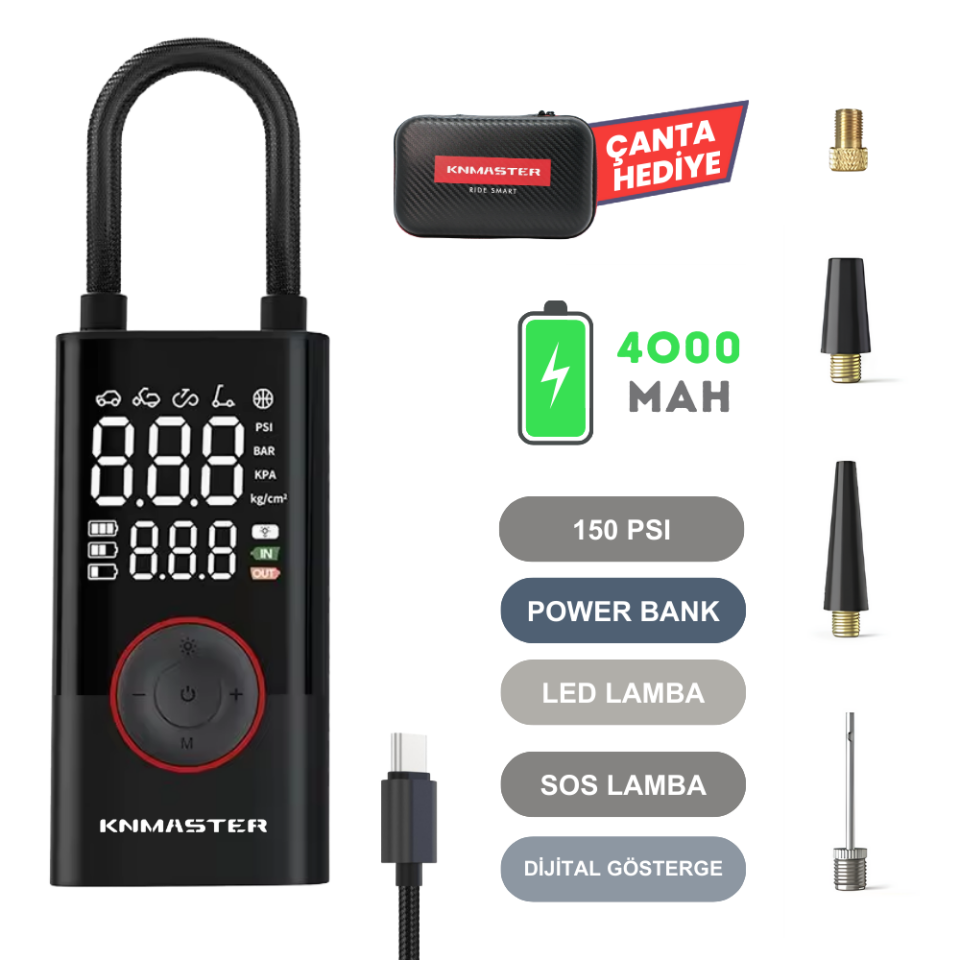 Knmaster LP 200 – 150 PSI Dijital Göstergeli Şarjlı Hava Pompası
