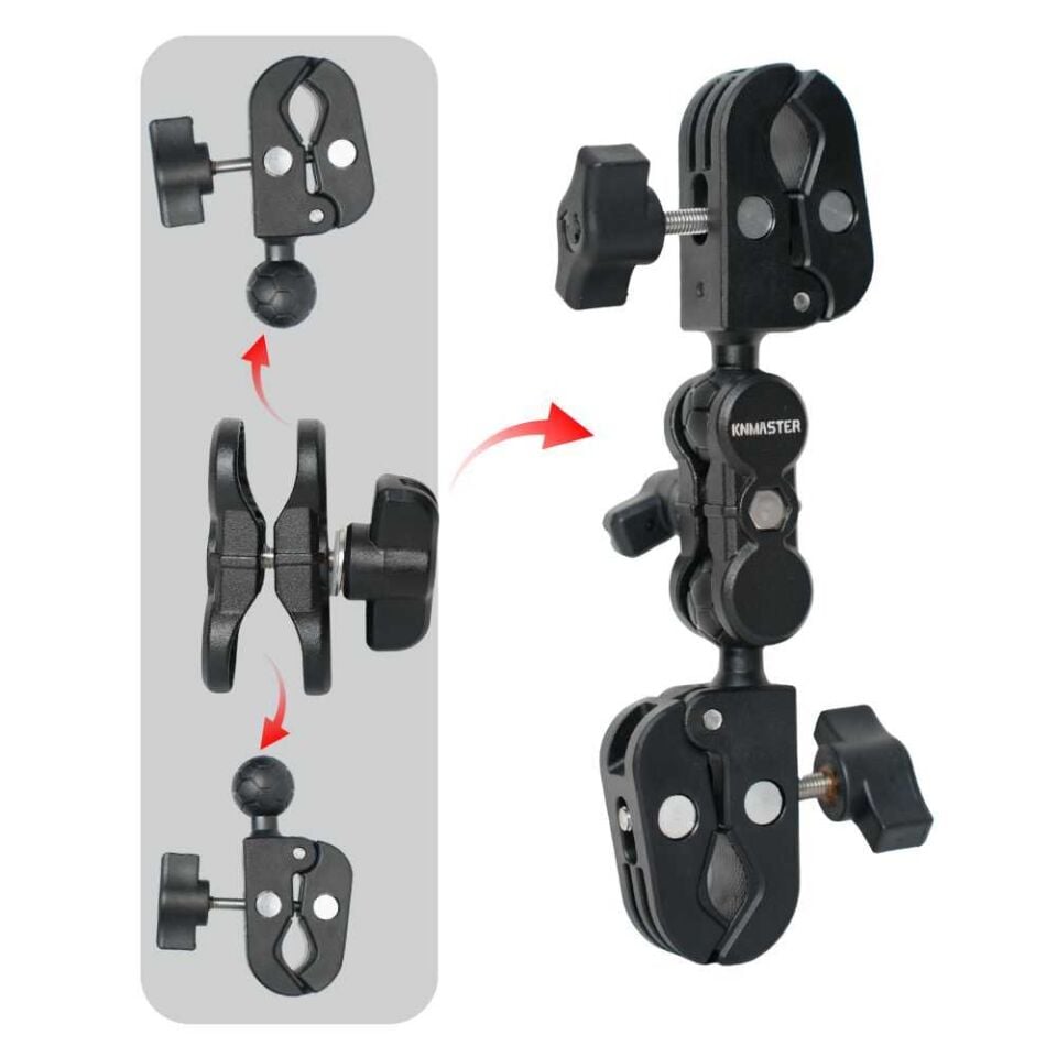 Knmaster MC150 – 360° Ayarlanabilir Motosiklet Çift Yengeç Kelepçeli Aksiyon Kamera Destek Aparatı (19 cm)
