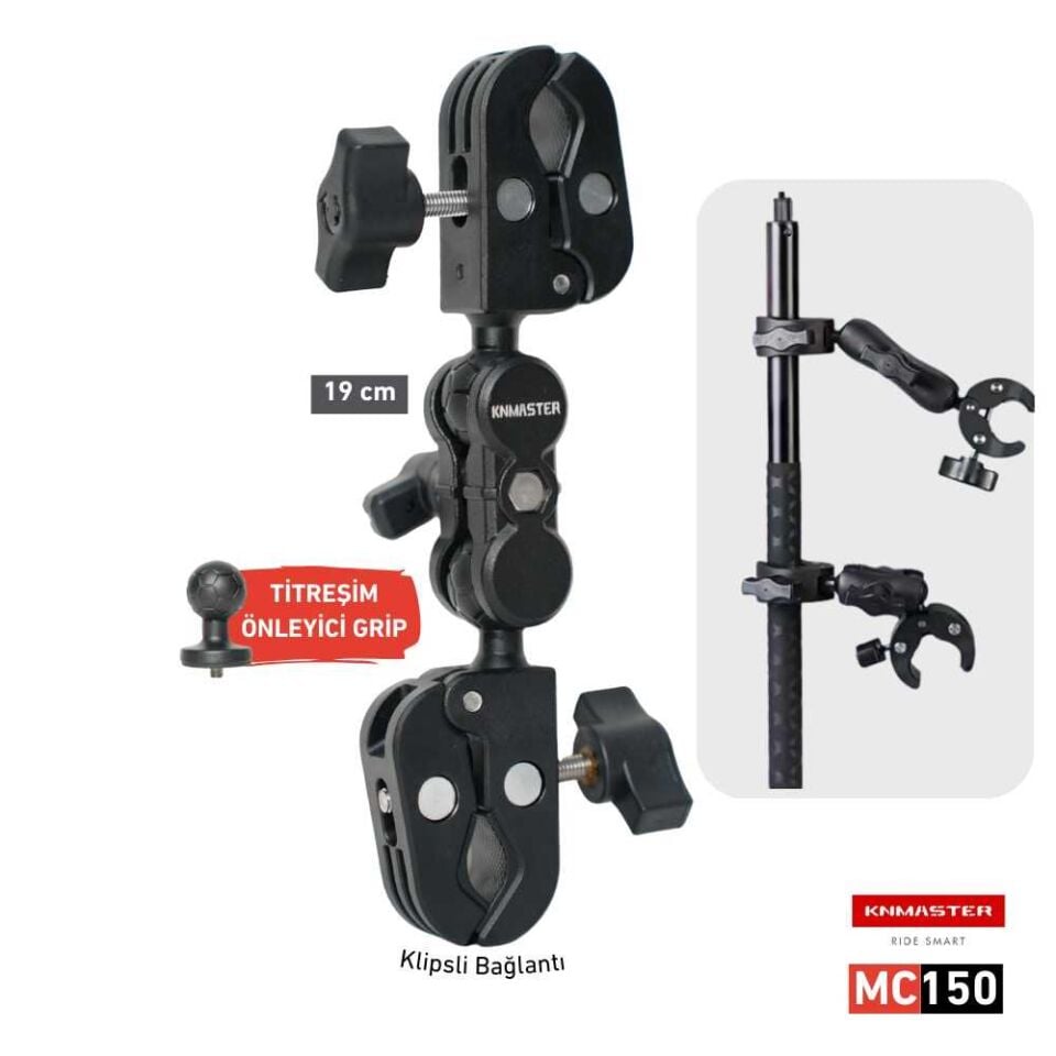 Knmaster MC150 – 360° Ayarlanabilir Motosiklet Çift Yengeç Kelepçeli Aksiyon Kamera Destek Aparatı (19 cm)