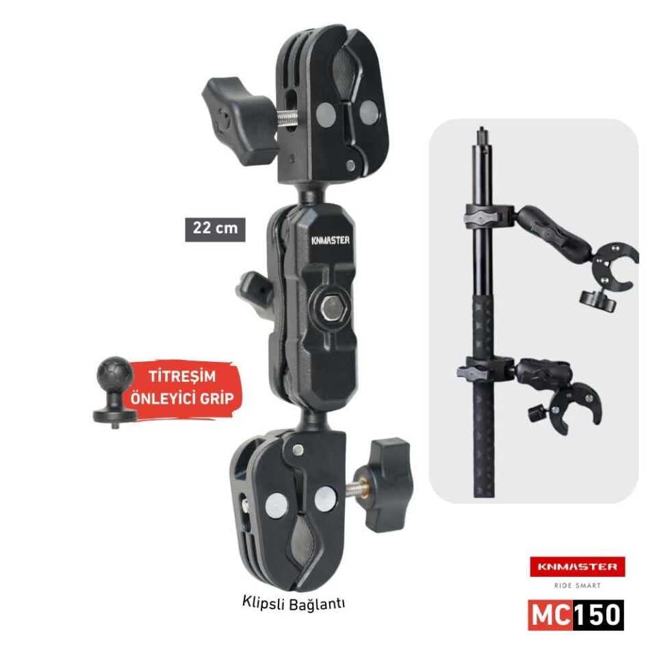 KNMaster MC160 – 360° Ayarlanabilir Motosiklet Çift Yengeç Kelepçeli Aksiyon Kamera Destek Aparatı (22 cm)