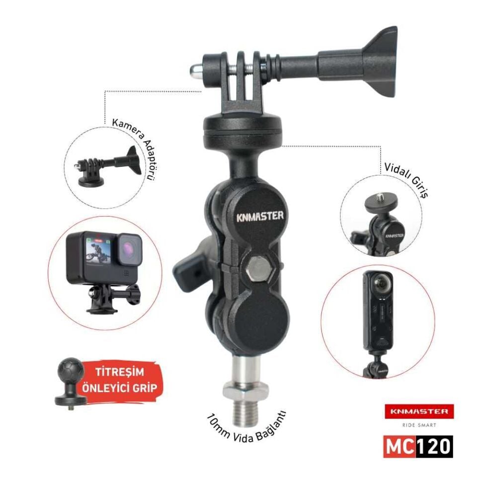 Knmaster MC120 – 360° Ayarlanabilir Motosiklet 10mm Vida Bağlantılı Aksiyon Kamera Aparatı