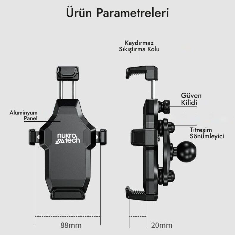 Nukrotech M25 Gidon Bağlantılı Titreşim Modüllü Motosiklet Telefon Tutucu