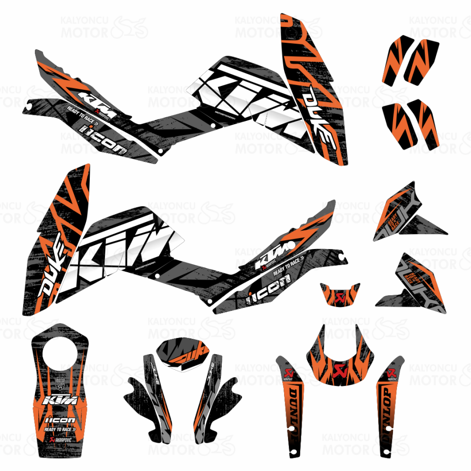 KTM Duke v1 2011-2016 Uyumlu Street Racer Design Siyah-Turuncu-Gri Sticker Set